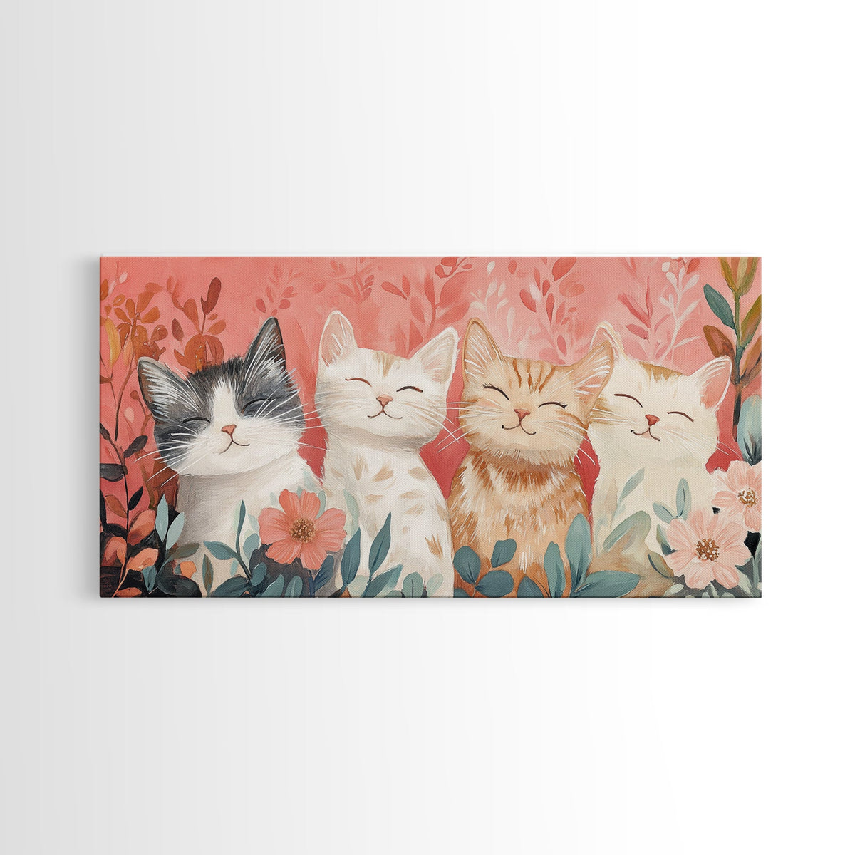 Cats and Flowers Painting Framed Canvas Print, Whimsical Pink Wall Art, Rustic Original Artwork, Cottagecore Decor Gift Idea