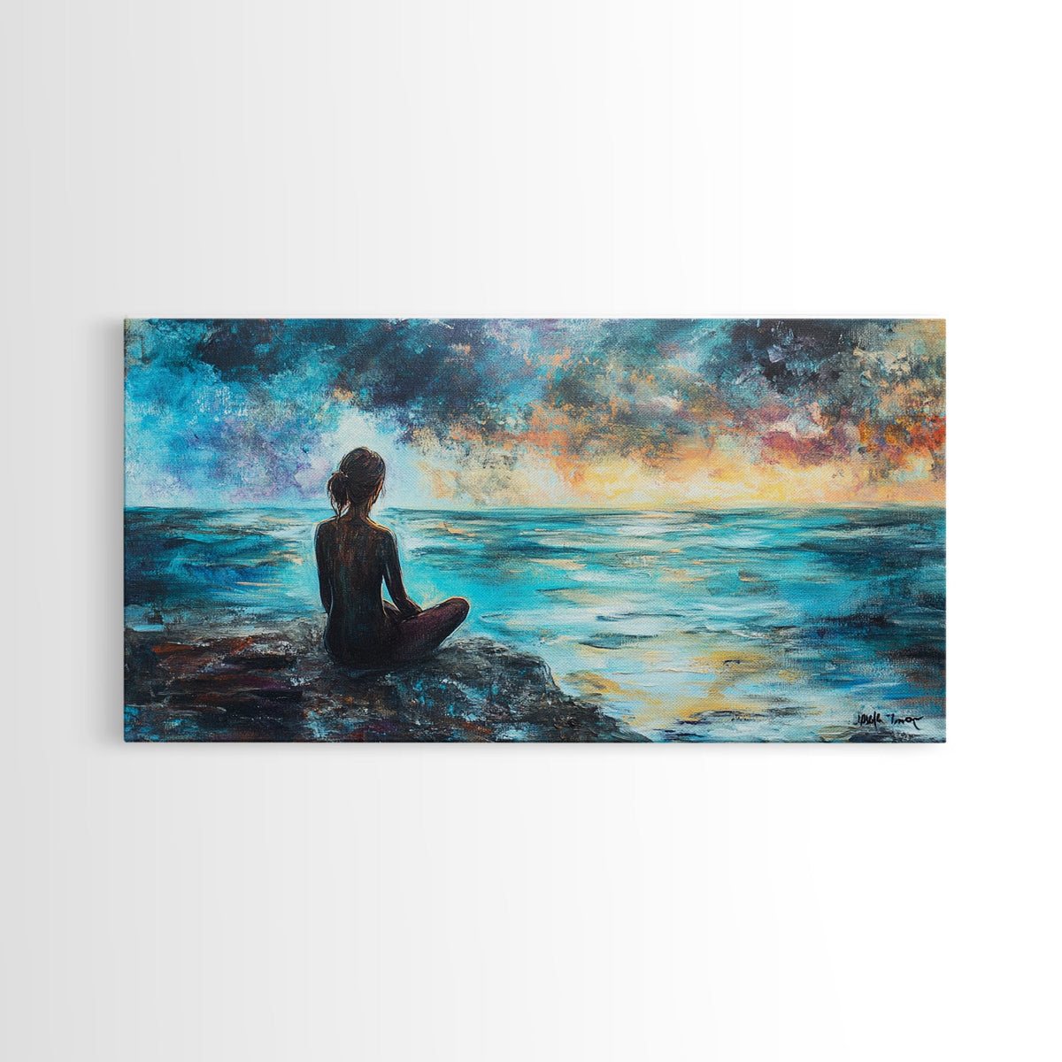 Woman Meditating Coastal Sunset Framed Canvas Print Yoga Art Nautical Wall Art Bedroom Decor Perfect Gift Idea Coastal Cowgirl Artwork | | Wiccan Center