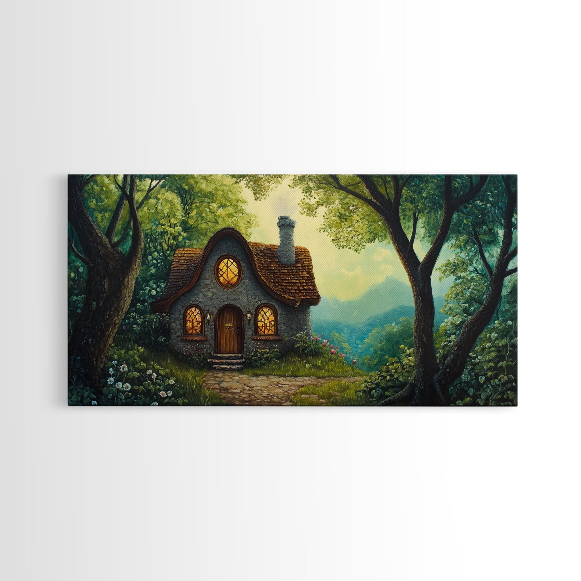 Cozy Forest Cottage Canvas Print Cottagecore Landscape Art Rustic Home Decor Whimsical Above Bed Art Fairy Tale Wall Art Gift Idea