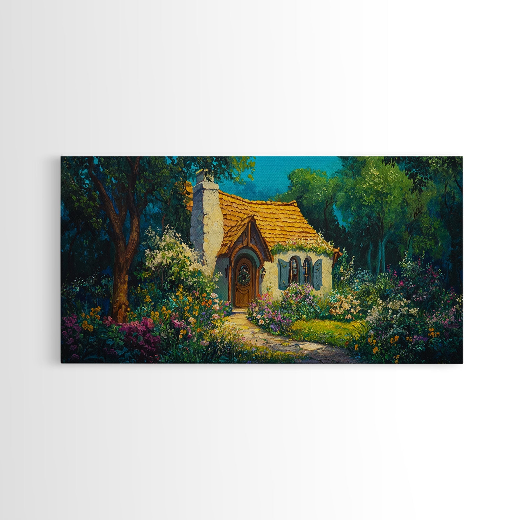 Garden Cottage Scene Framed Canvas Print Whimsical Cottagecore Art Rustic Wall Decor Fairytale Landscape Painting Guest Room Art