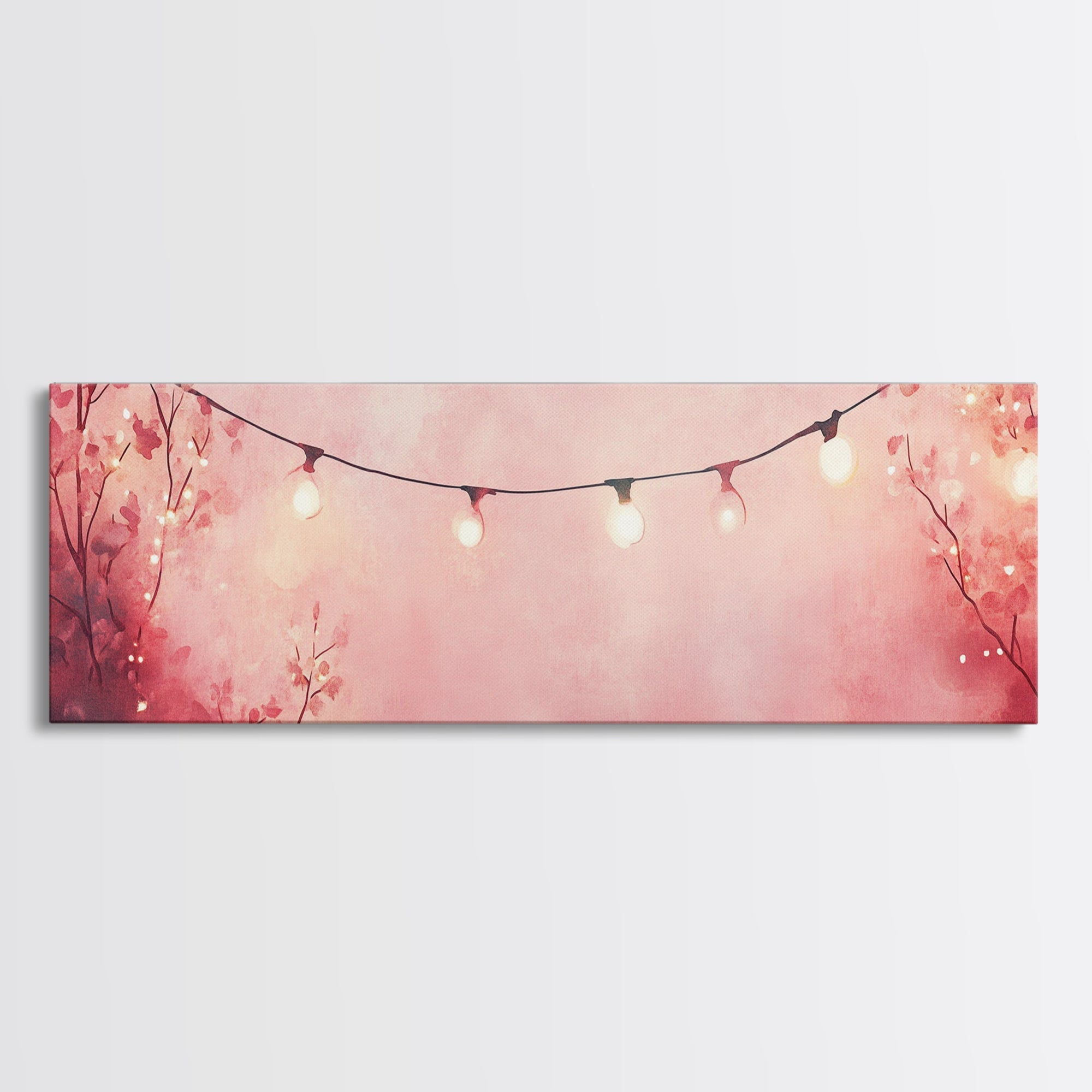 Pink Wall Art Framed Canvas Print with Fairy Lights in Blush Backdrop, Cottagecore Aesthetic, Horizontal Rustic Decor for Living Room