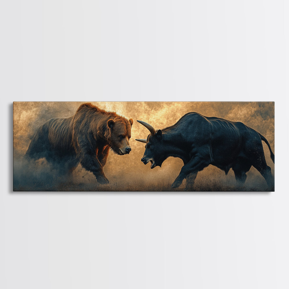 Intense Bull and Bear Framed Canvas Print - Moody Wildlife Painting, Rustic Wall Art, Industrial Style Living Room Decor, Gift Idea