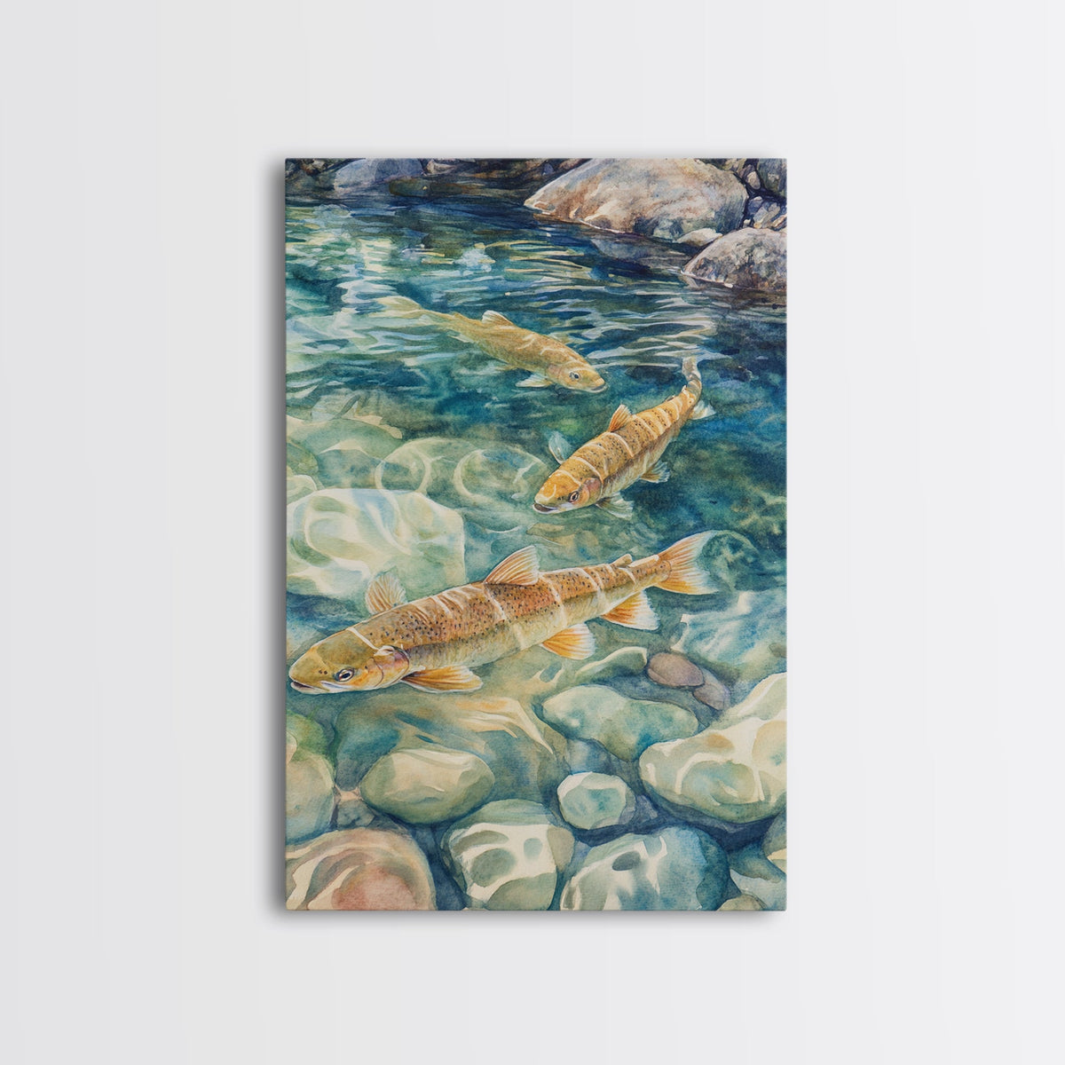 Gentle Swimming Trout Framed Canvas Print Fly Fishing Art Rustic Living Room Wall Art Cabin Decor Gift Idea Cottagecore