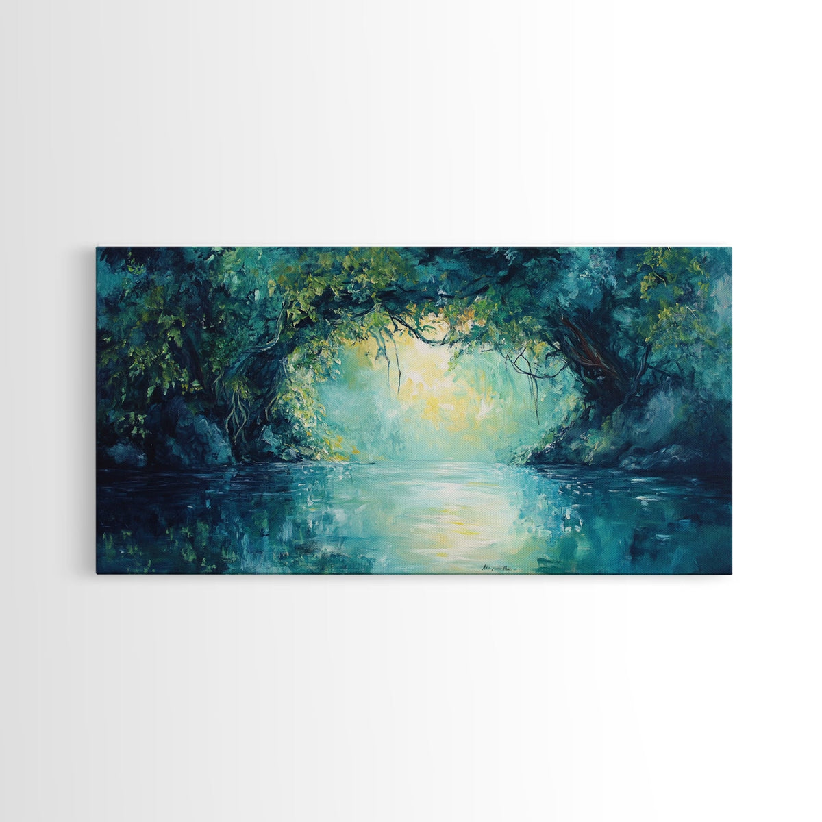 Mystical River, Framed Canvas Print, landscape painting, moody art, forest at dusk painting, teal wall art, extra wide art | | Wiccan Center