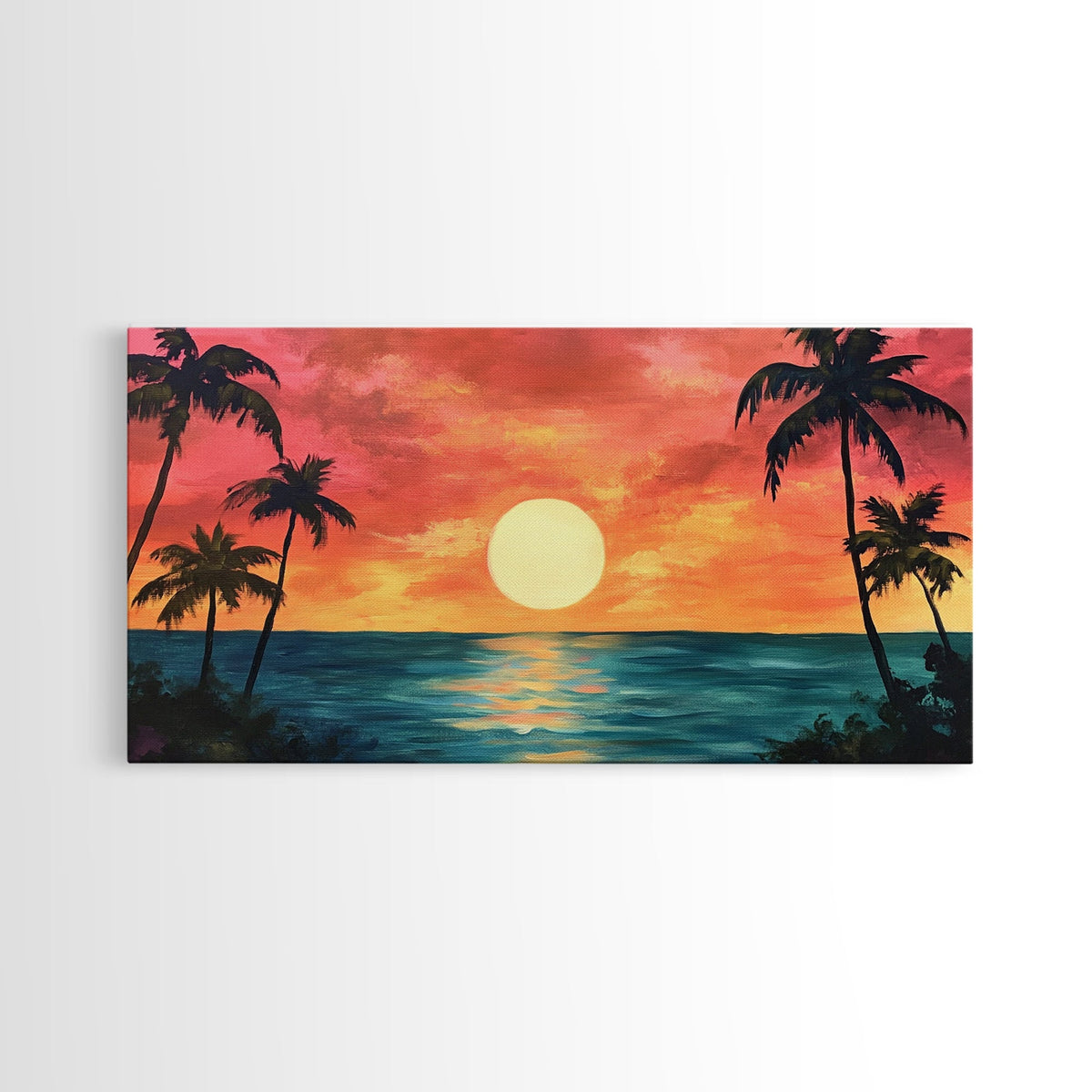 Tropical Sunset, Palm Tree Art, Coastal Cowgirl Wall Art, Hawaii Art, Ocean Landscape, Horizontal Wall Art, Framed Canvas Print | | Wiccan Center