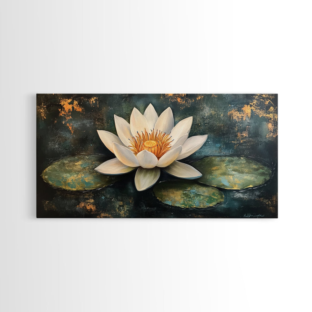 White Lotus, Framed Canvas Print, botanical prints, zen wall art, meditative decor, extra wide painting, spiritual art | | Wiccan Center
