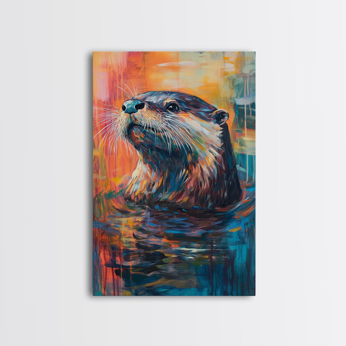 Otter Portrait, wildlife painting, whimsical art, blue and green wall art, Canvas Print, original painting, rustic wall art, gift idea
