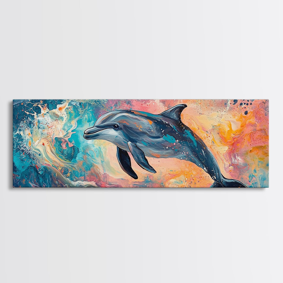 Playful Dolphin in Ocean Waves, Colorful Abstract Sea Life Art, Vibrant Marine Animal Painting, Coastal Home Decor