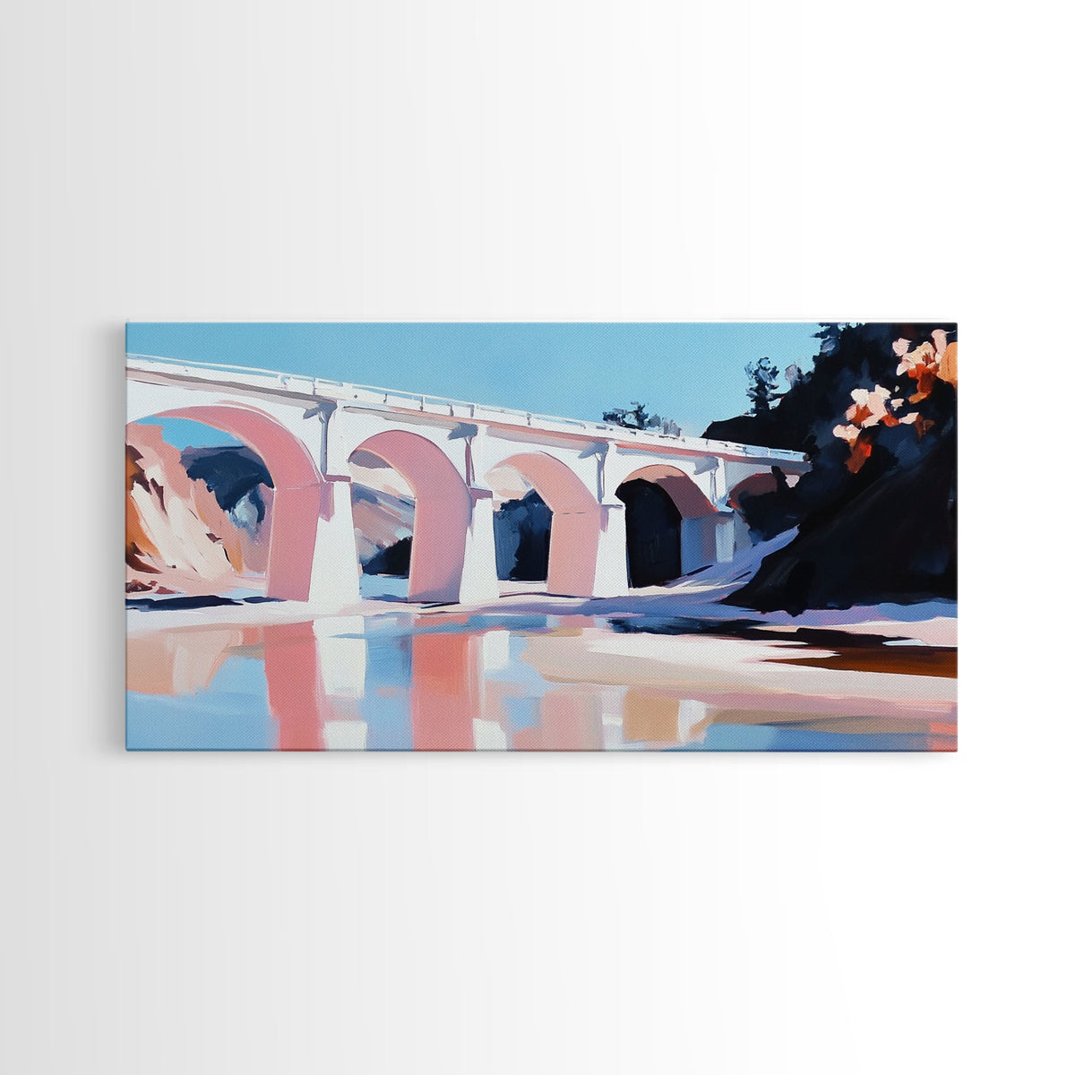 Bridge Reflection, Scenic River, Pastel Landscape, Canvas Print, Architecture Art, Living Room Wall Art, Minimalist Water Scene, Travel Art | | Wiccan Center