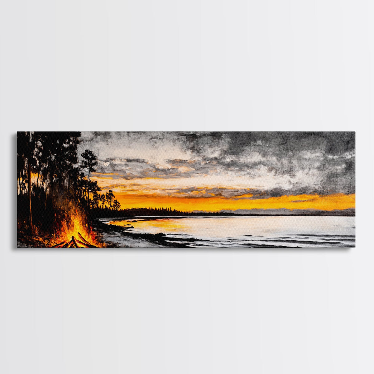 Campfire by Lake, Sunset Landscape Art, Cozy Rustic Print, Fall Wall Decor, Outdoor Adventure Canvas Print, Framed Canvas Print | | Wiccan Center