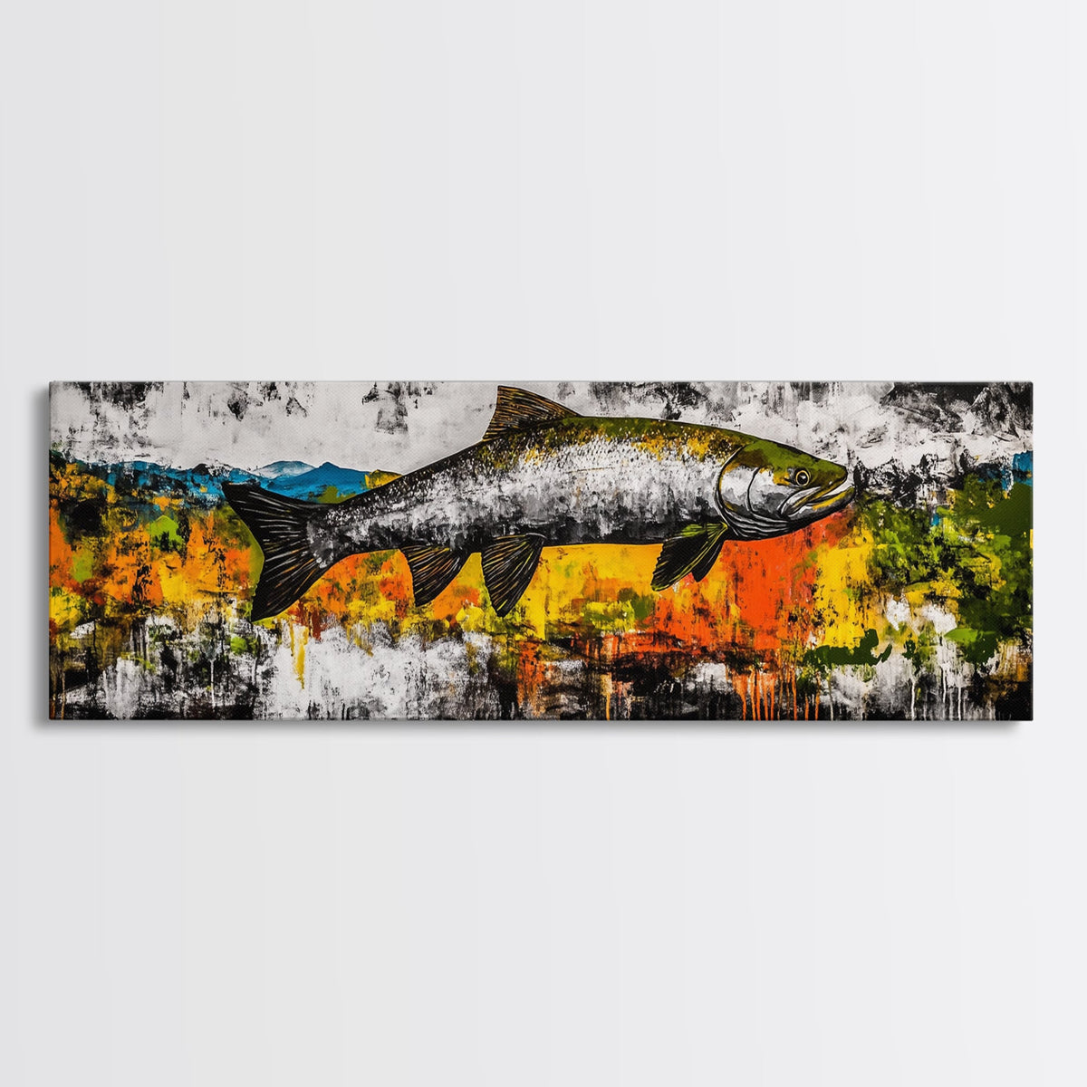 Salmon Wall Art, Rustic Fish Painting, Fishing Cabin Decor, Nature Wildlife Print, Lakehouse Art, Fall Colors, Framed Canvas Print
