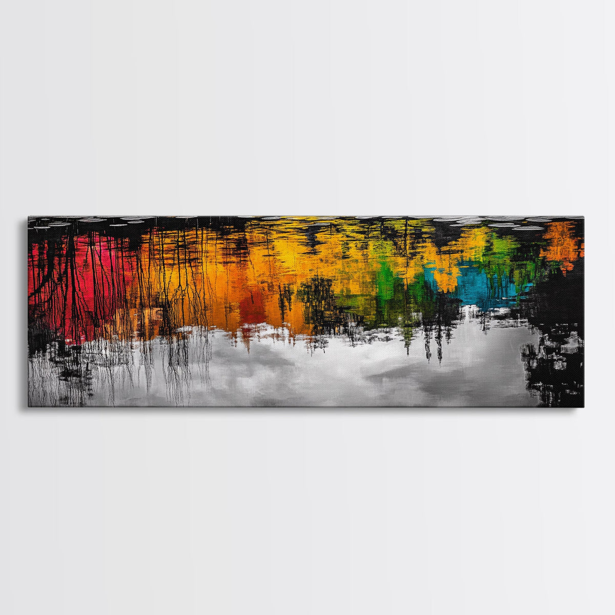 Colorful Reflection, Abstract Water Art, Nature Painting, Autumn Trees, Vibrant Colors, Black and White Contrast, Canvas Print | | Wiccan Center