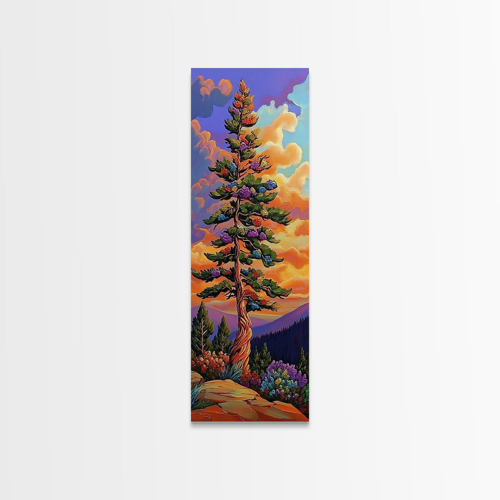 Tree, Mountain, Sunset, Forest, Canvas Print, magical forest tree painting, vibrant mountain sunset wall art, whimsical boho nature decor