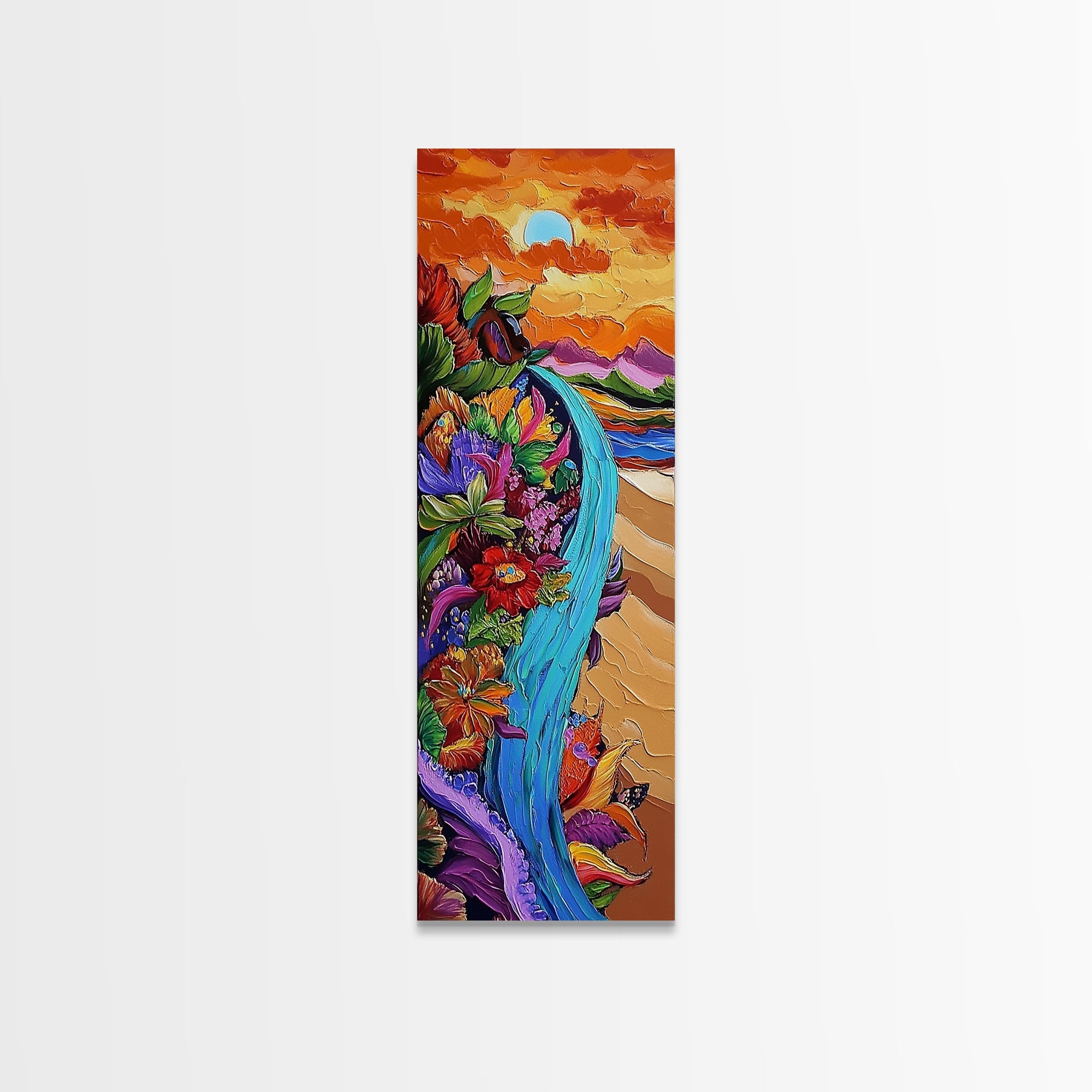 Sunset Waterfall, Floral Cliff, Magical River, Dreamy Boho Wall Art, Framed Canvas Print, Colorful Fall Living Room Decor