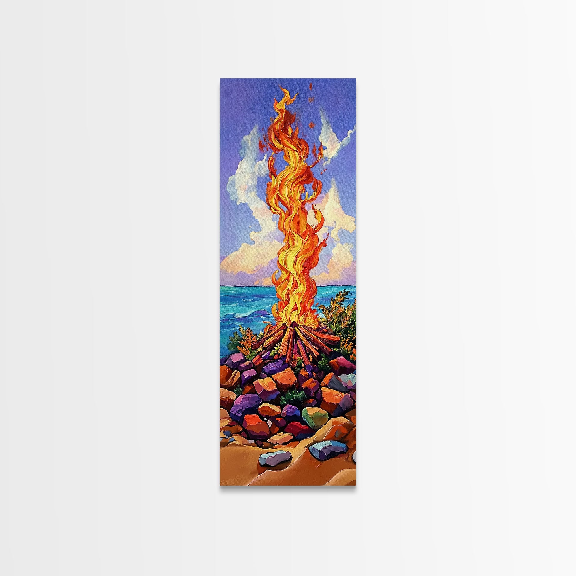 Campfire Ocean, Stones Sky – Coastal Bonfire Landscape, Colorful Nature Wall Art, Framed Canvas Print, Beach House or Cabin Decor | | Wiccan Center