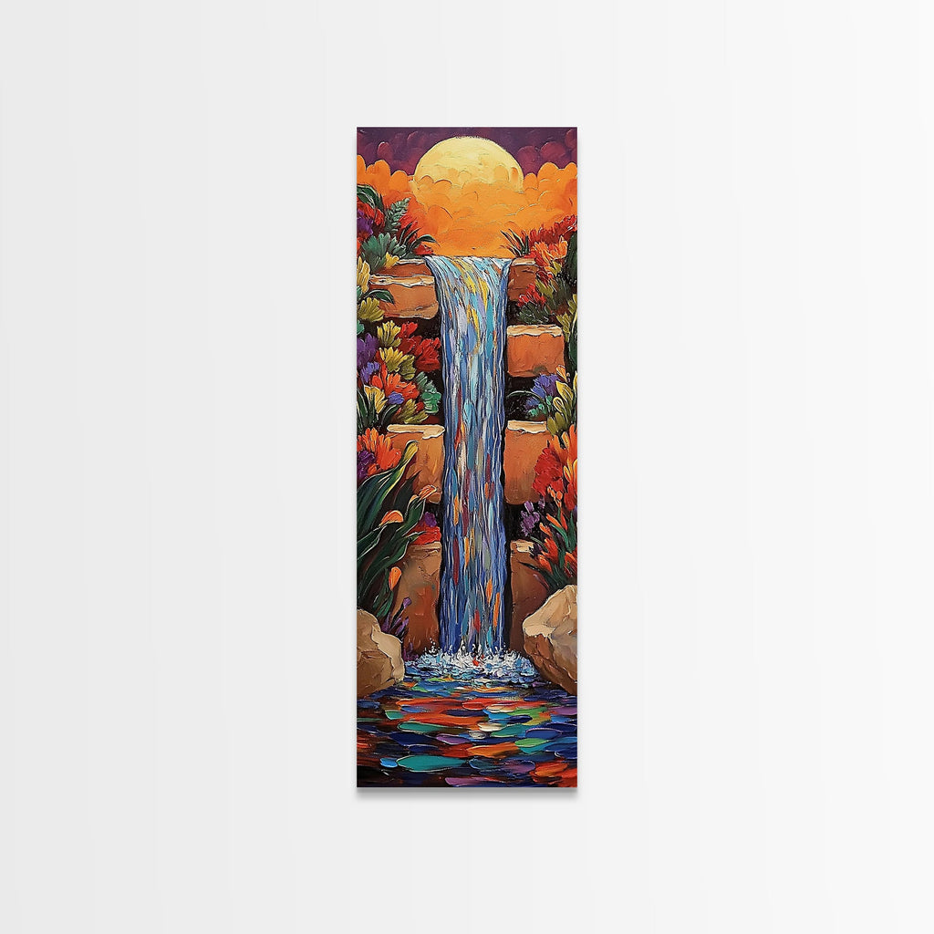 Sunset Waterfall, Flowers Fantasy, Framed Canvas Print, Vibrant landscape art, living room boho decor, magical nature scene | | Wiccan Center