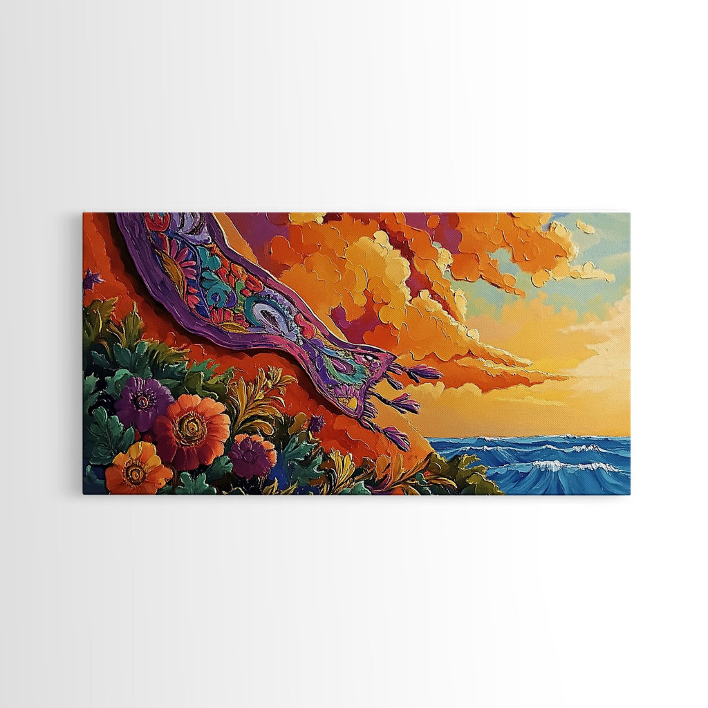 Sunset Coast, Rug, Framed Canvas Print, Sunset Beach Art, Magic Carpet Illustration, Vibrant Coastal Decor, Dreamy Bedroom Art | | Wiccan Center