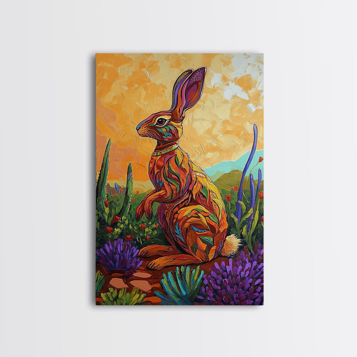 Bunny Cactus, Desert, Whimsical Framed Canvas Print, Eclectic Living Room Wall Art, Boho Southwest Decor, Colorful Animal Painting