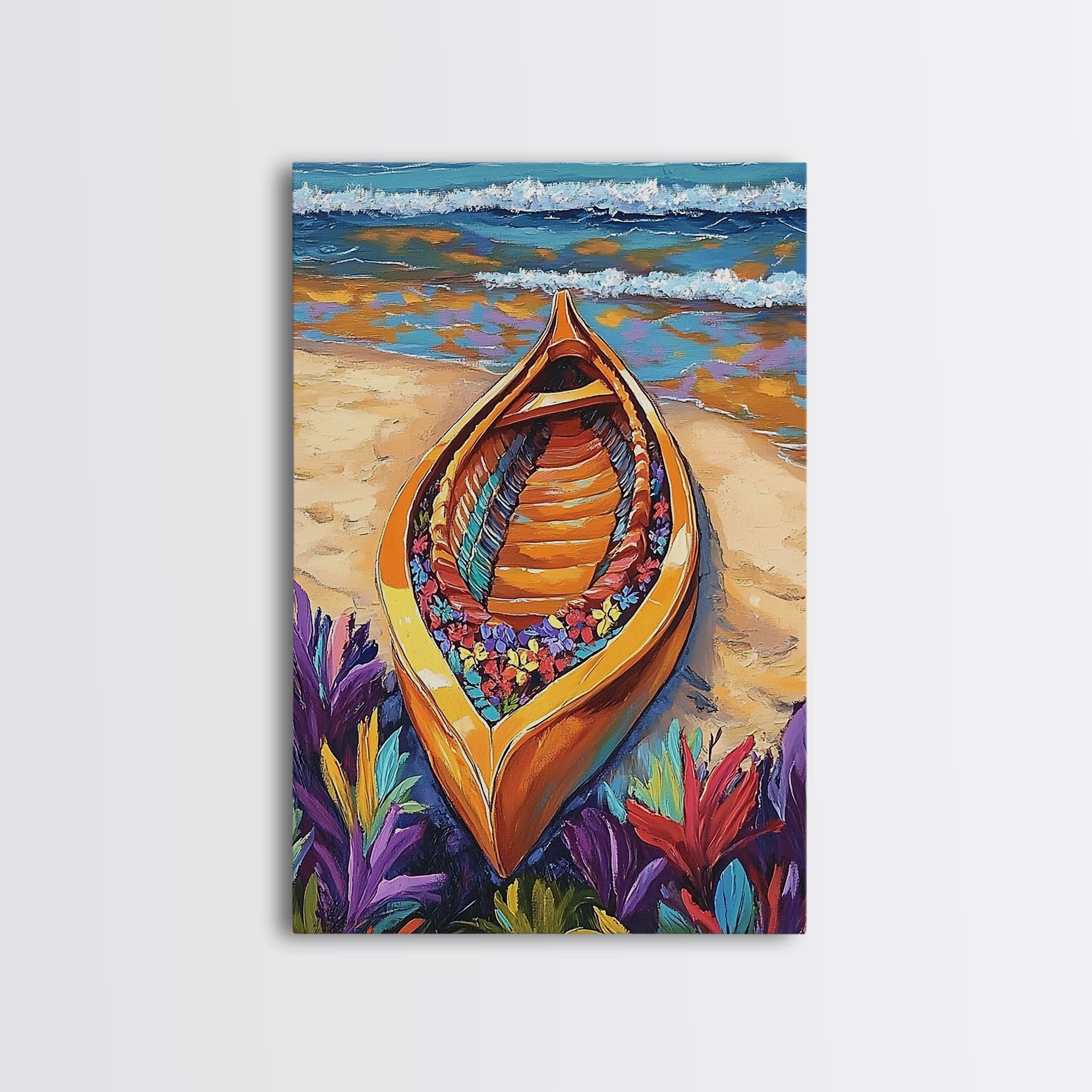 Flower Boat, Beach Magic, Vibrant Seashore, Tropical Joy, Canvas Print, Bathroom Wall Art, Nautical Decor, Bold Beach Colors, Boho Art