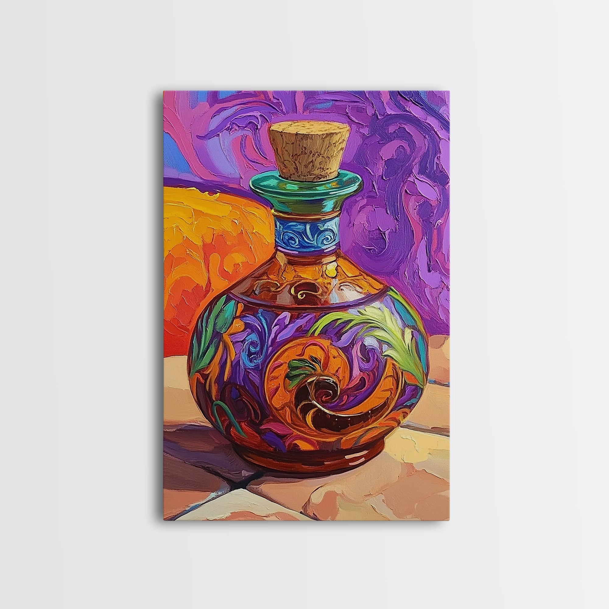 Ornate Potion Bottle, Fantasy Glass Art, Vibrant Color Decor, Framed Canvas Print, Whimsical Kitchen Wall Art, Magic Home Accent