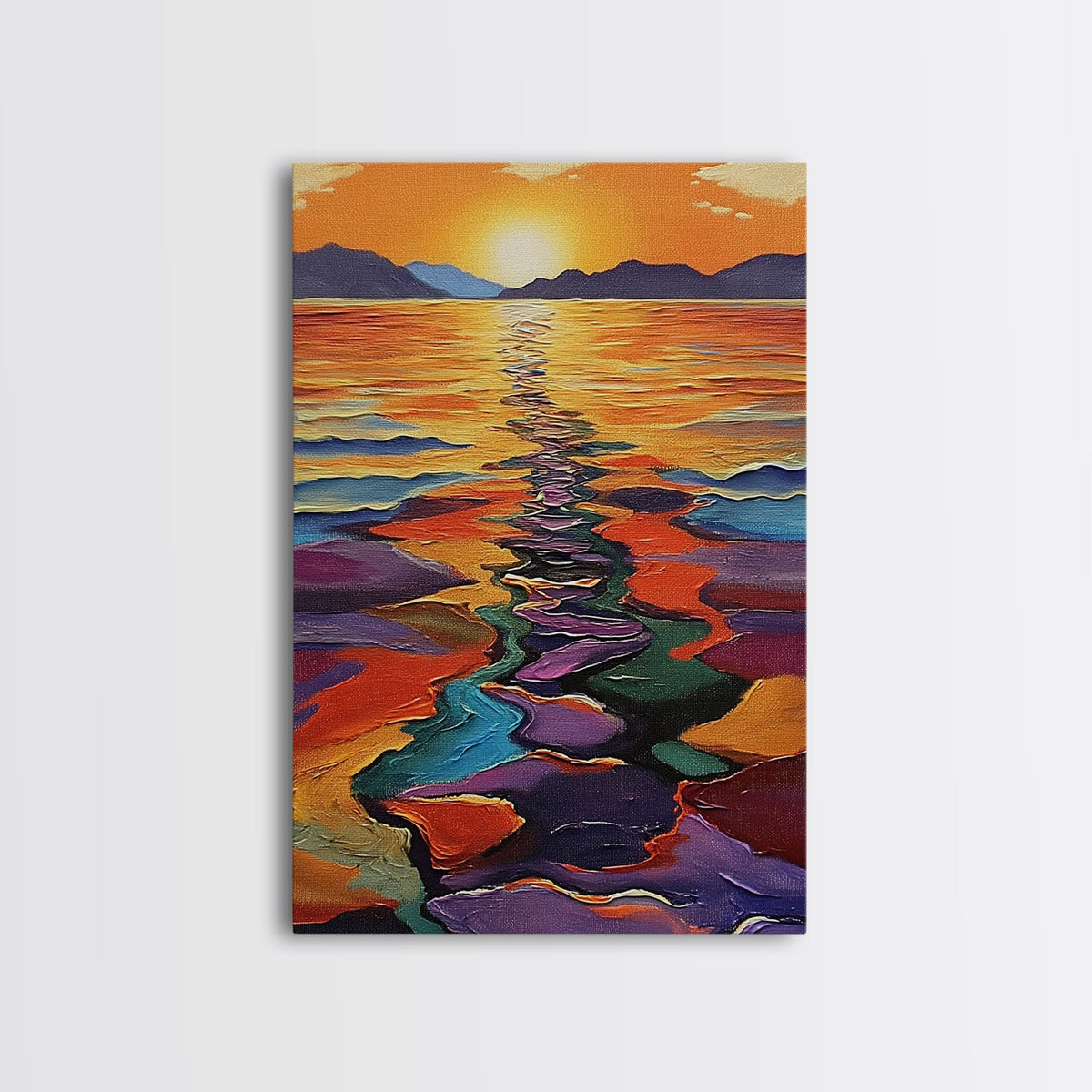 Sunset Reflection, Colorful Waters, Abstract Shoreline, Mountains — Framed Canvas Print modern abstract beach painting, bold hallway decor | | Wiccan Center