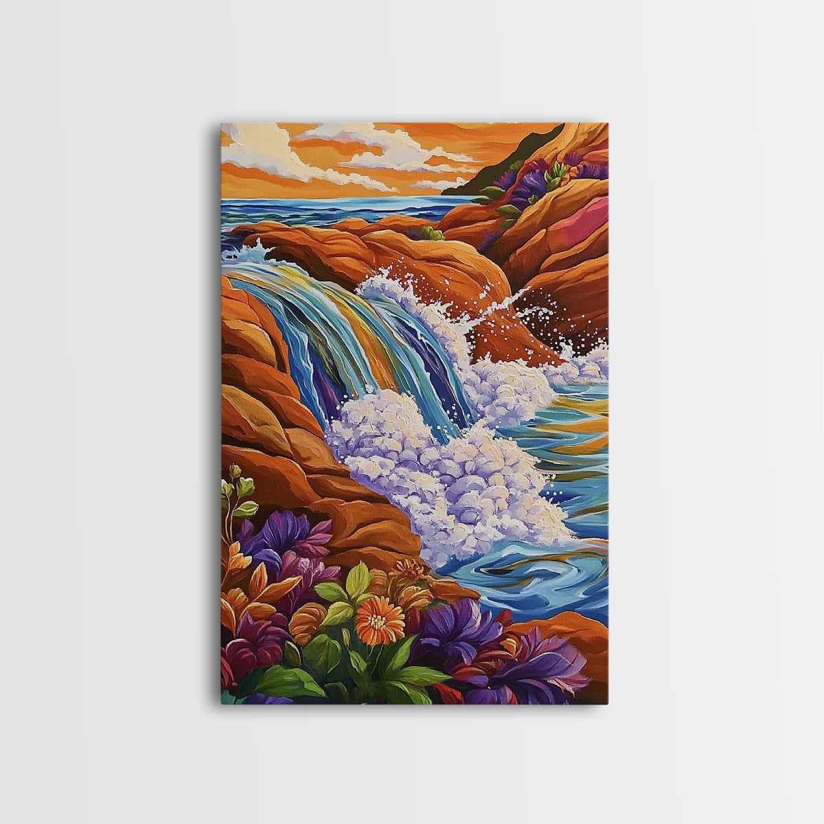 Coastal Waterfall, Ocean Rocks, Tropical Seascape, Sunset Art, Framed Canvas Print bathroom decor, beach lovers gift, colorful nature art | | Wiccan Center