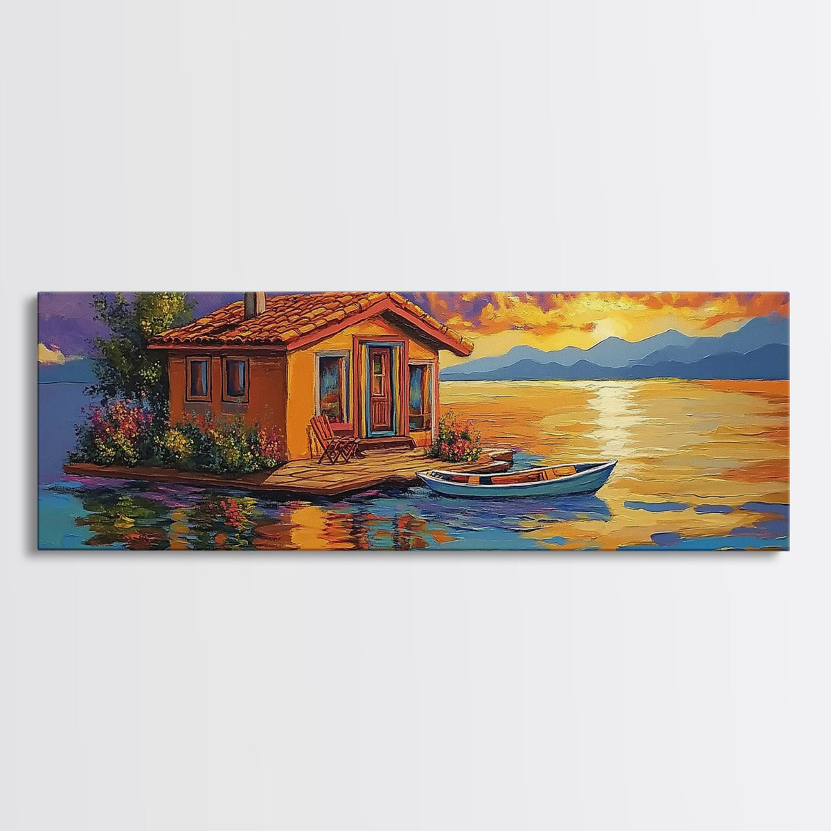 Floating Home, Lake Sunset, Tranquil Retreat, Framed Canvas Print, peaceful wall art, waterfront decor, lakehouse artwork | | Wiccan Center