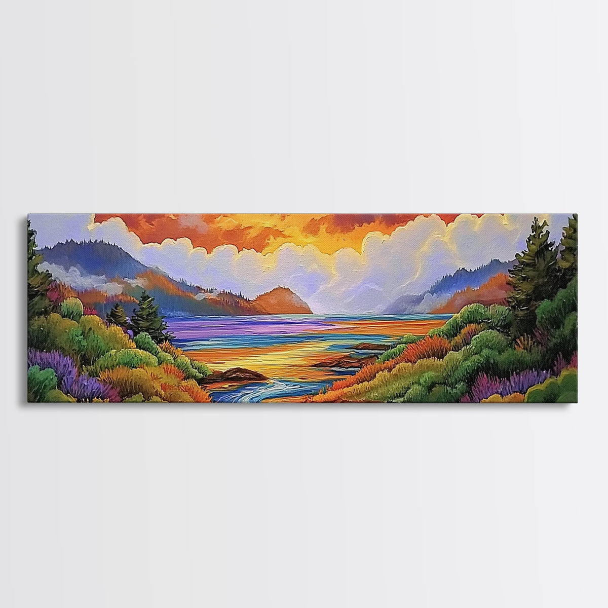 Sunset Lake Scene, Mountain View Art, Tranquil Waterscape Landscape, Framed Canvas Print, Nature Office Decor, Living Room Art | | Wiccan Center