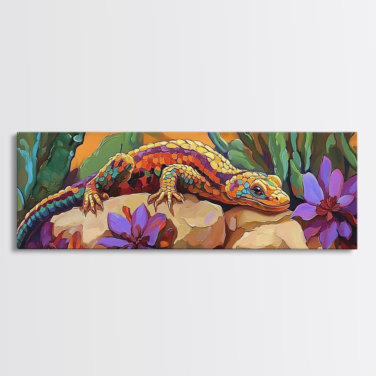 Vibrant Lizard Art, Desert Gecko Painting, Succulent Garden Colors, Framed Canvas Print, Eclectic Kitchen Wall Decor, Animal Art