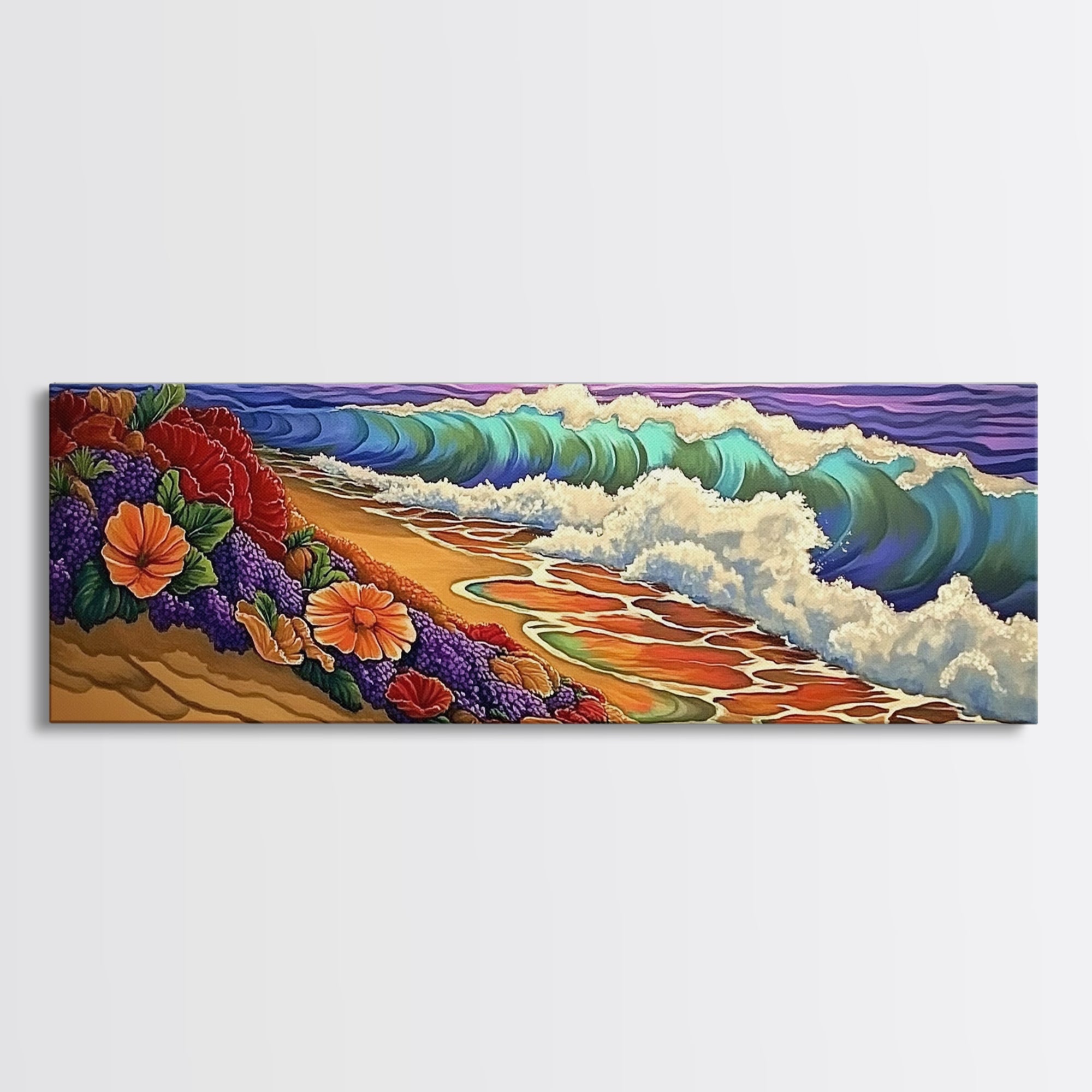 Floral Shoreline, Ocean Bloom, Wave Magic, Framed Canvas Print, Coastal Cottage Wall Art, Colorful Beach Art, Boho Seaside Vibes