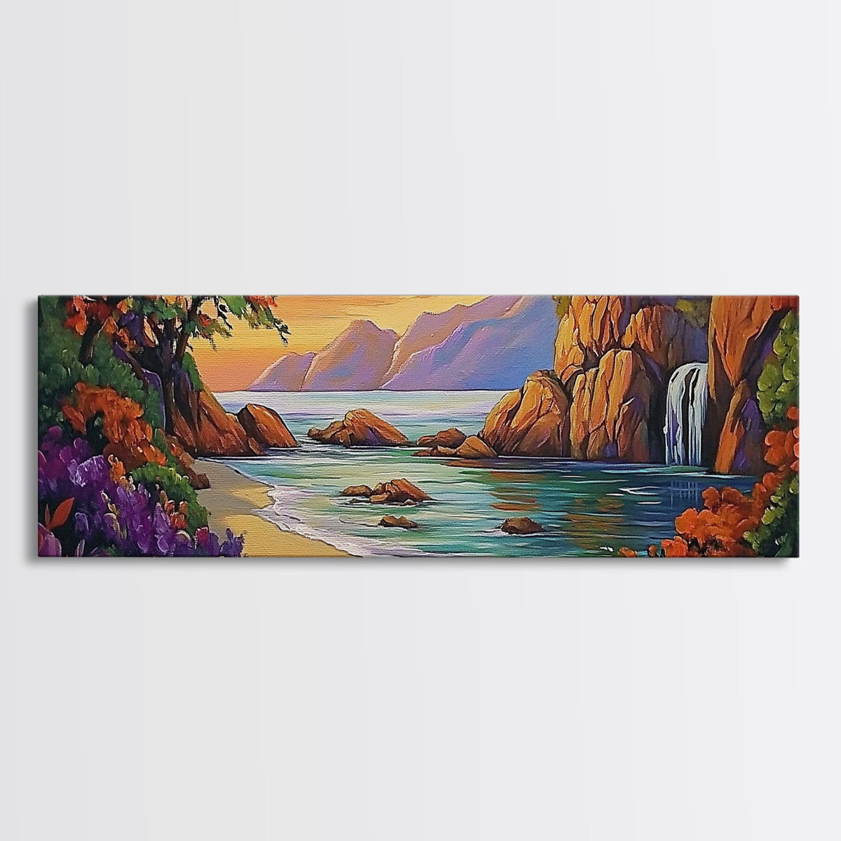 Waterfall Cove, Sunset Seascape, Tropical Paradise, Nature Retreat, Framed Canvas Print, Bathroom Wall Art, Vibrant Coastal Art | | Wiccan Center