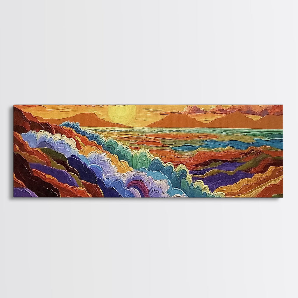 Rainbow Waves, Abstract Seascape, Sunset Magic, Bold Ocean Energy, Framed Canvas Print, Modern Wall Art, Artistic Living Room Decor