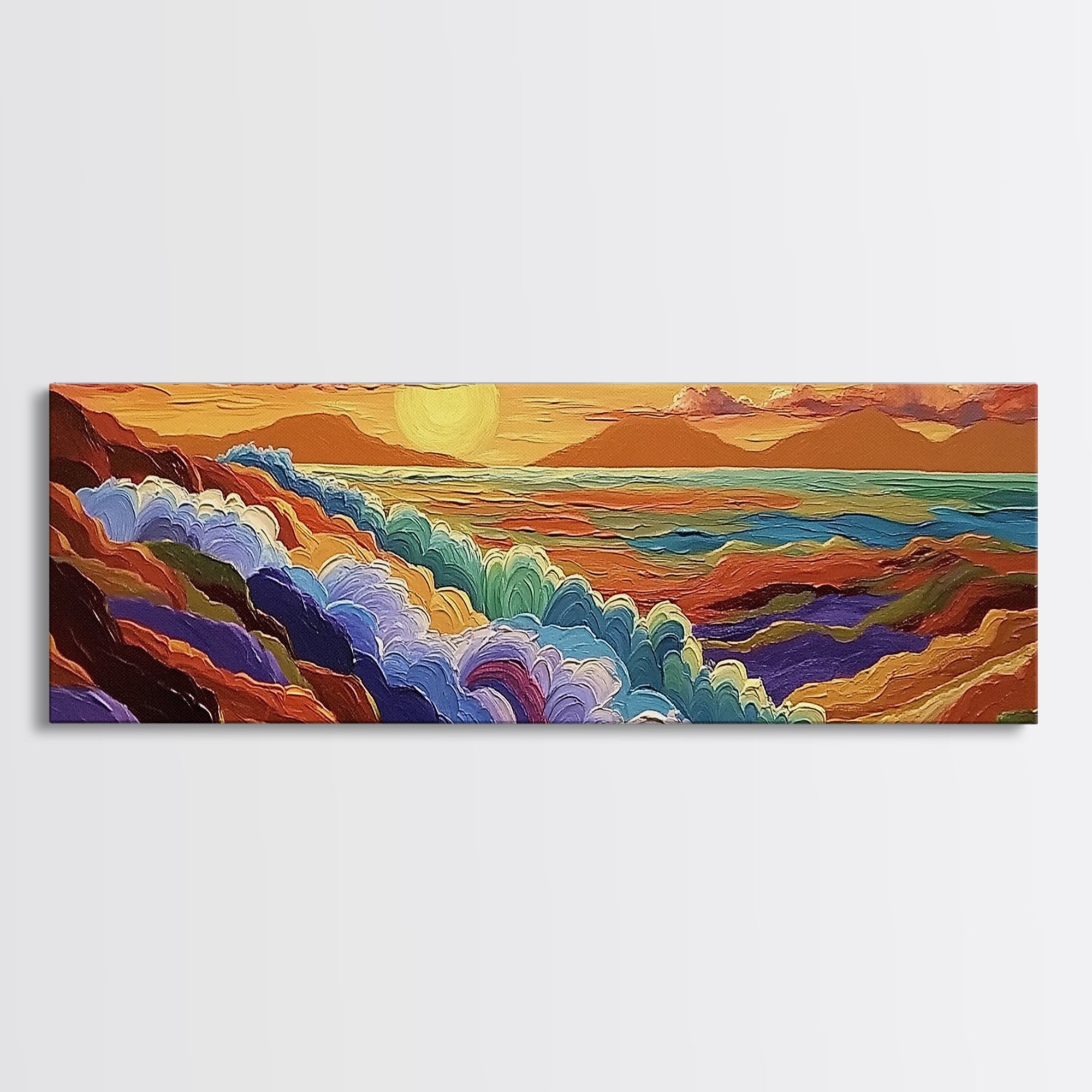 Rainbow Waves, Abstract Seascape, Sunset Magic, Bold Ocean Energy, Framed Canvas Print, Modern Wall Art, Artistic Living Room Decor