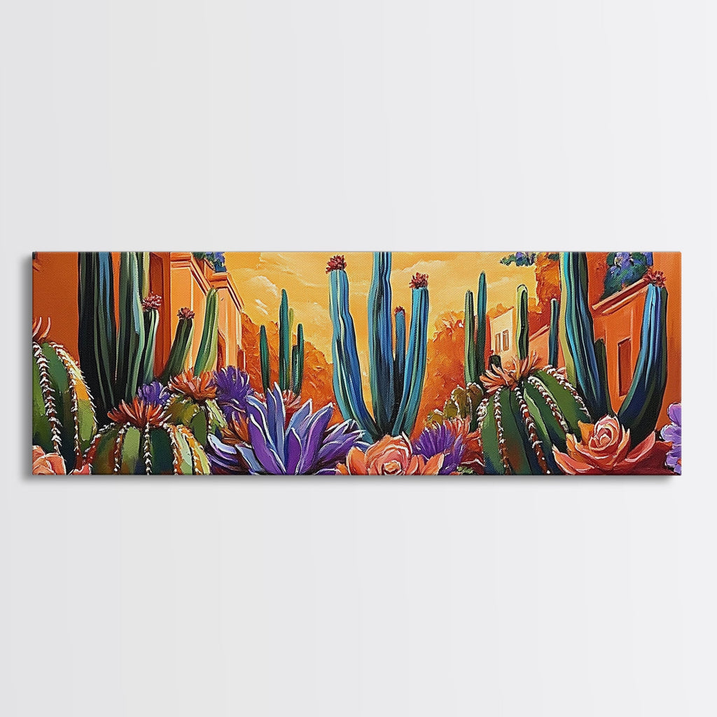 Desert Garden Magic, Colorful Cactus Landscape, Urban Nature Art, Framed Canvas Print, Living Room Southwest Decor, Boho Sunset Wall Art | | Wiccan Center