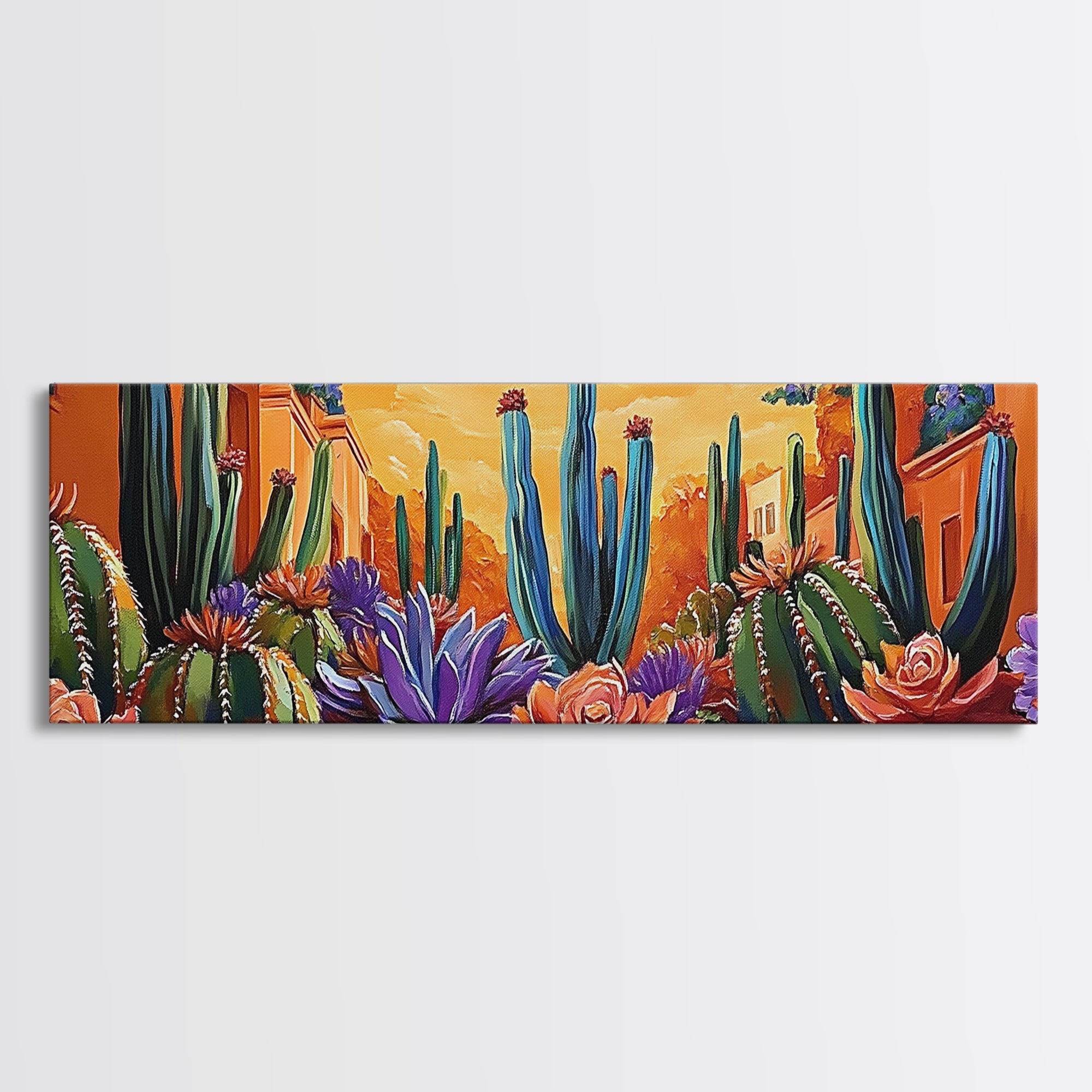 Desert Garden Magic, Colorful Cactus Landscape, Urban Nature Art, Framed Canvas Print, Living Room Southwest Decor, Boho Sunset Wall Art