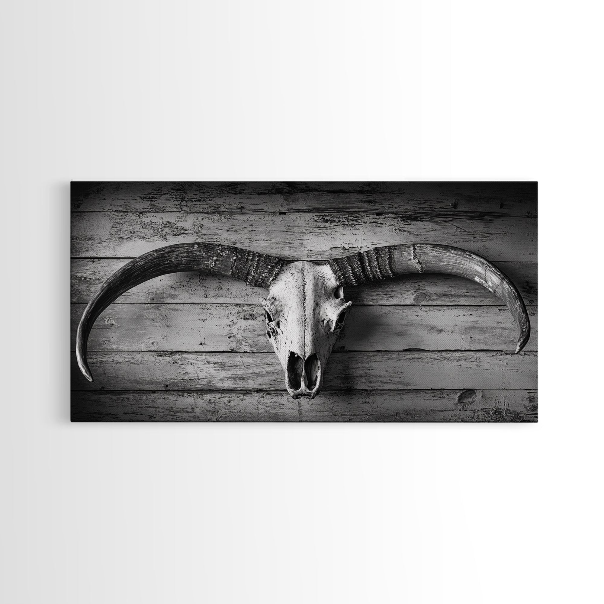 Bull Skull, Rustic Horns, Western Cabin Decor, Weathered Wood, Framed Canvas Print, Farmhouse Wall Art, Cowboy Office Decor, Rustic Wall Art | | Wiccan Center