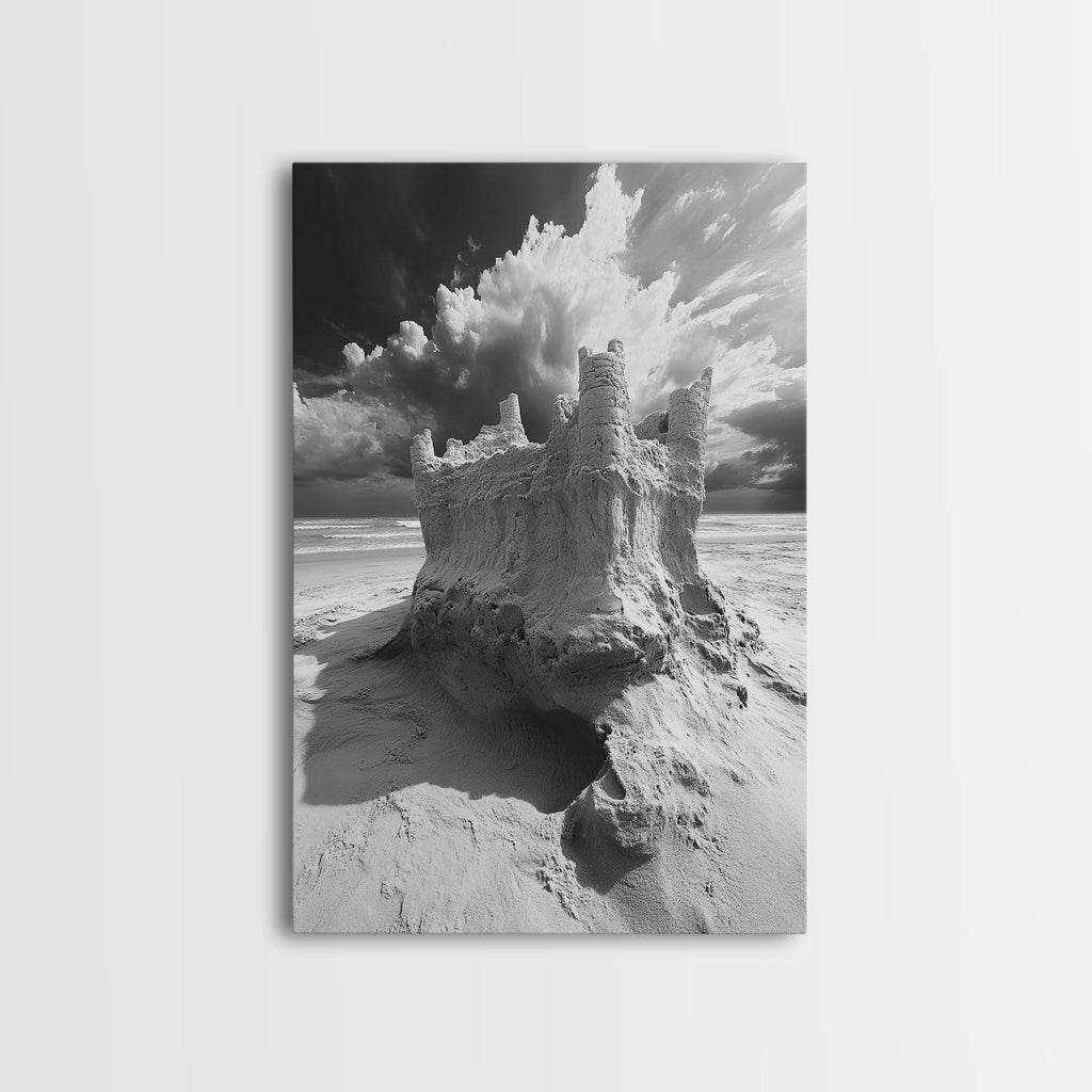 Sand Castle, Beach Fantasy, Dramatic Sky, Coastal Fortress, Framed Canvas Print, whimsical decor, kids room wall art, fairytale beach scene | | Wiccan Center