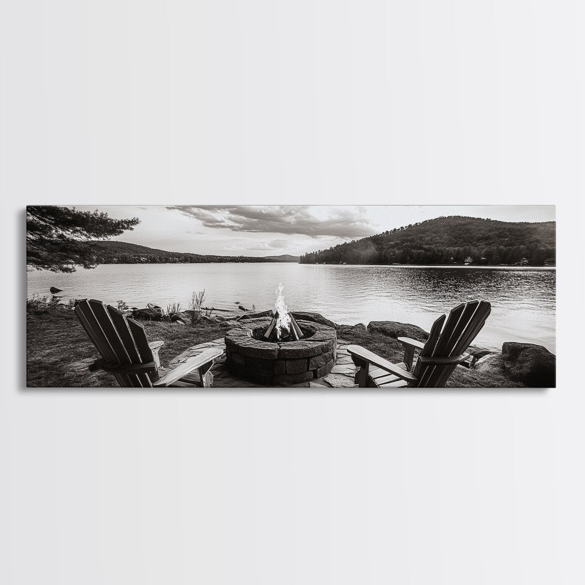 Lakeside Fire Pit, Adirondack Chairs, Mountain Retreat, Framed Canvas Print, Fall Cabin Wall Art, Rustic Living Room Decor, Cozy Mood | | Wiccan Center