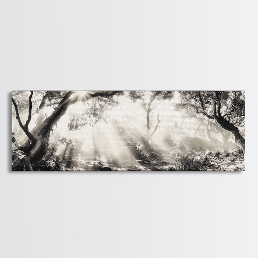 Enchanted Forest, Sunlight Rays, Dreamy Woodland, Framed Canvas Print, boho nature decor, spiritual wall art, bedroom forest scene | | Wiccan Center