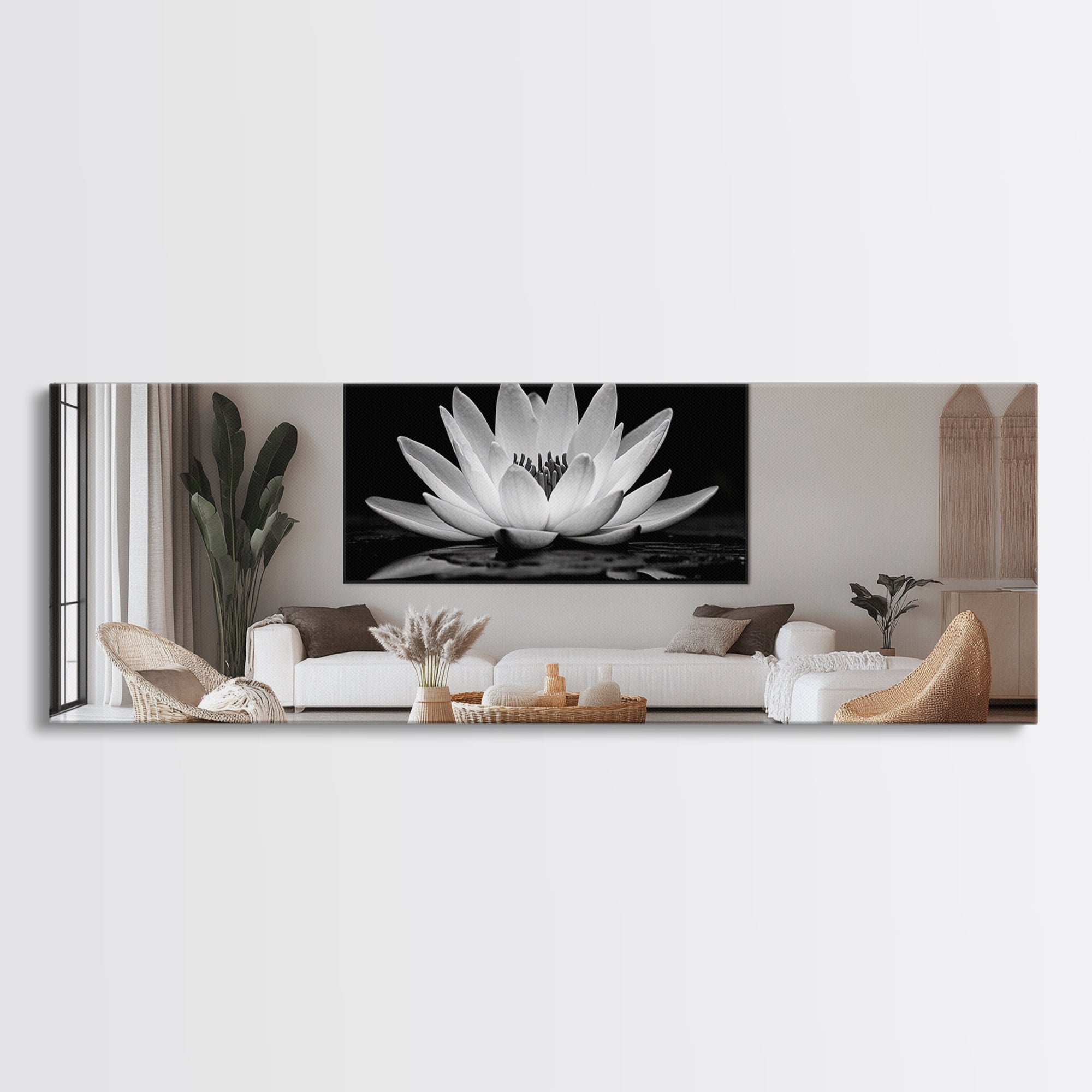 Lotus Bloom, Zen Flower, Tranquil Petals, Spiritual Nature Print, Black and White, Canvas Print, Spa Wall Decor, Meditation Room Art