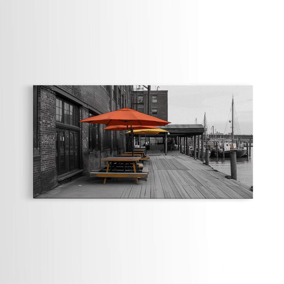 Urban Pier, Red Yellow Umbrellas, Waterfront Dining, Framed Canvas Print, Industrial Decor, Cafe Kitchen Wall Art, Cityscape Photography | | Wiccan Center