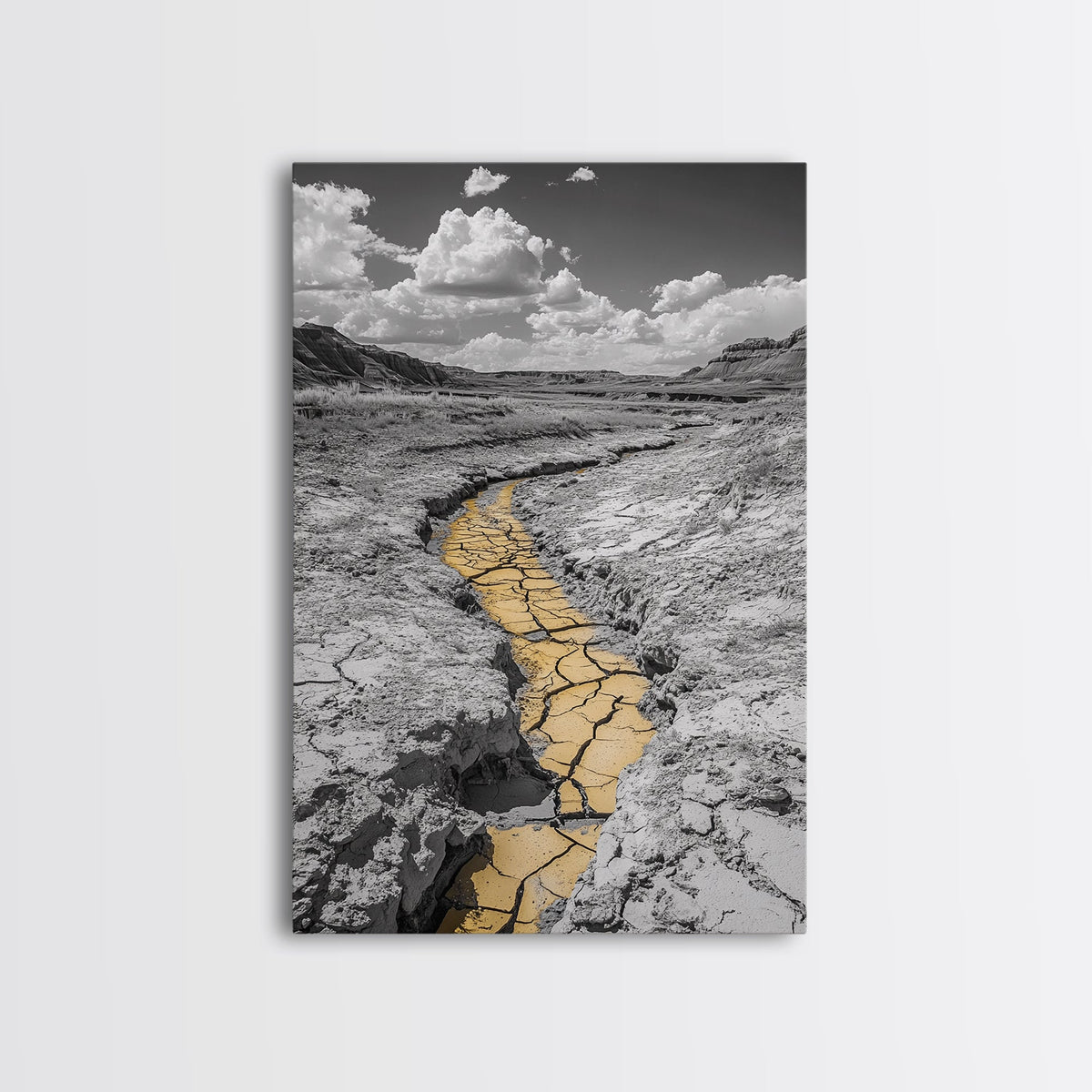 Desert Riverbed, Yellow Crack Trail, Dry Earth Path, Framed Canvas Print, Southwestern Wall Art, Minimalist Nature Decor, Earth Tone Style | | Wiccan Center
