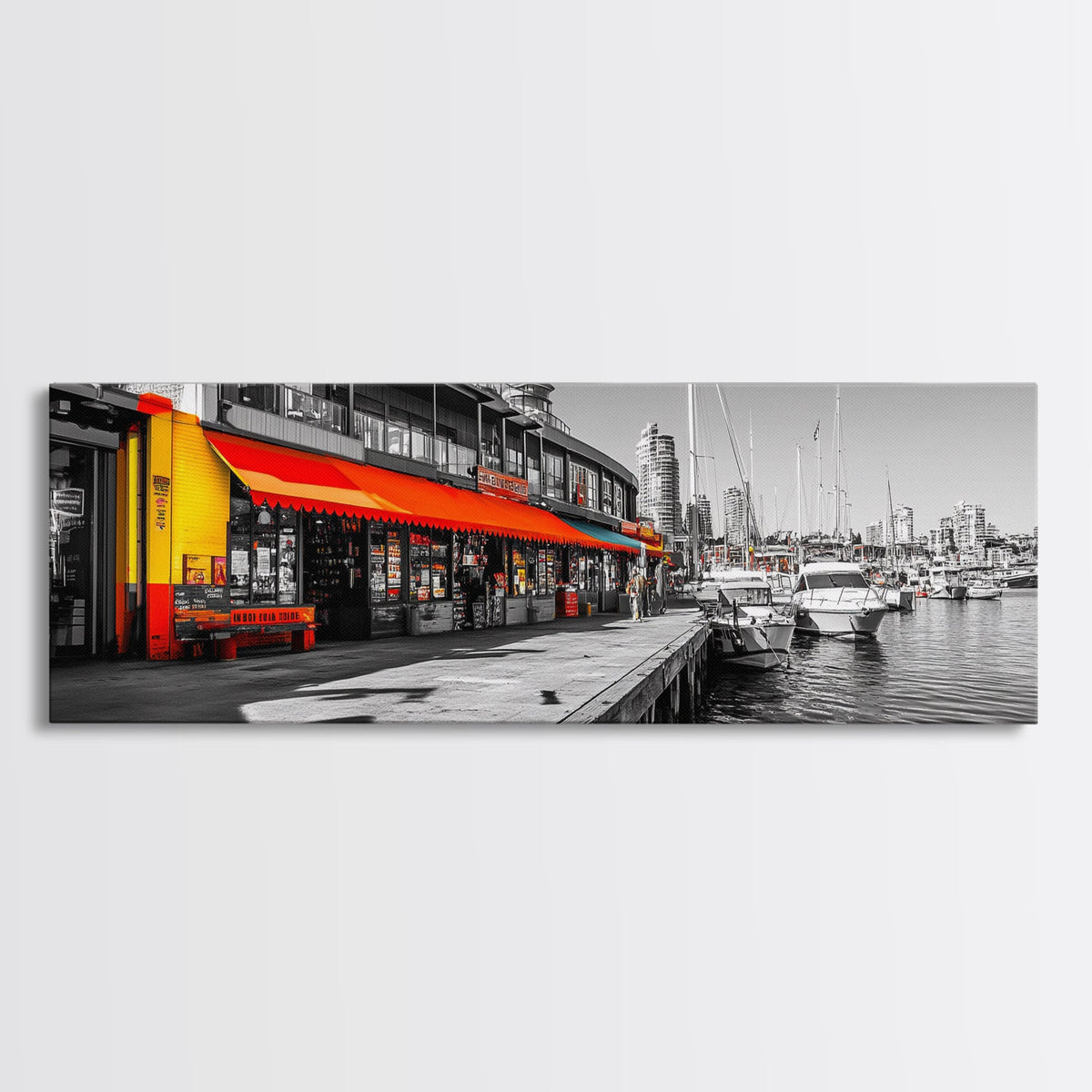 Waterfront Market, Urban Vibes, Boats and Shops, City Harbor — Framed Canvas Print, Kitchen Wall Art, Modern Cityscape, Vibrant Wall Decor | | Wiccan Center