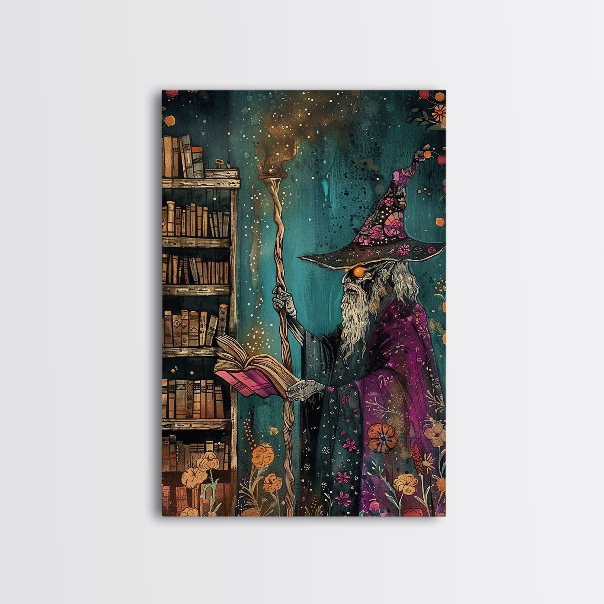 Halloween Eerie Wizard in Haunted Library Framed Canvas Print, Gothic Wall Art, Home Decor, Witchcraft Decor, Gift Idea, Enchanted Study | | Wiccan Center