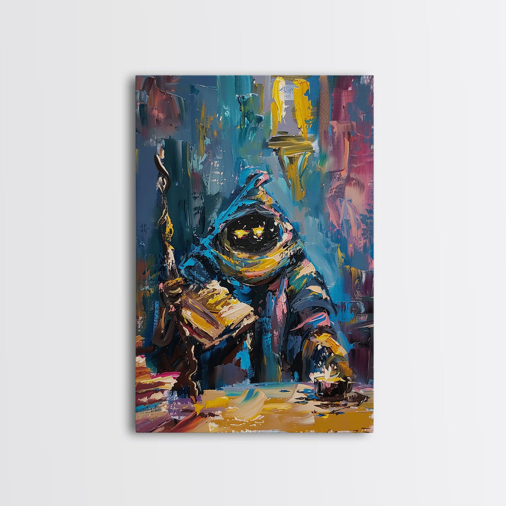 Halloween Creepy Wizard Reading Spells Framed Canvas Print, Spooky Wall Art, Home Decor, Occult Decor, Gift Idea, Dark Magic | | Wiccan Center