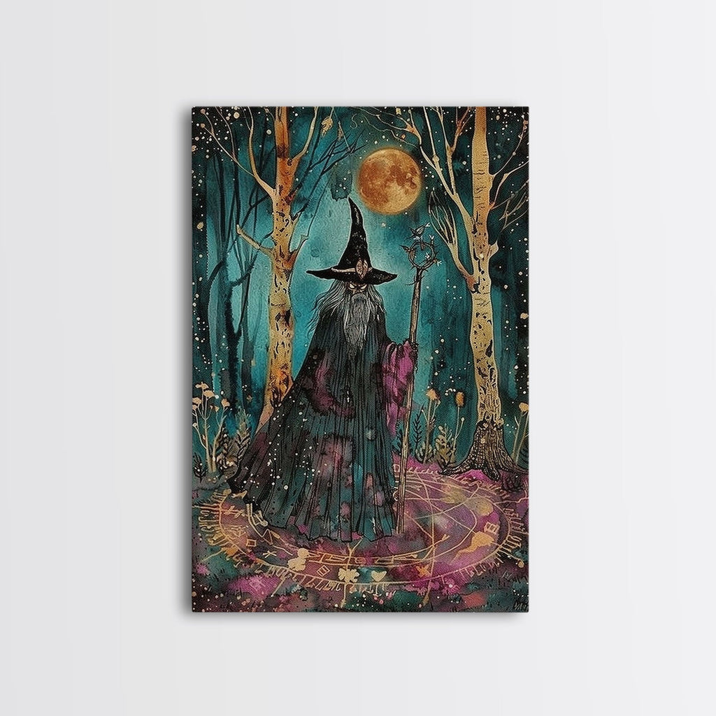 Halloween Wizard in Forest, Framed Canvas Print, Wall Art, Home Decor, Spooky Artwork, Magic Decor, Halloween Decor Painting, Holiday Decor | | Wiccan Center