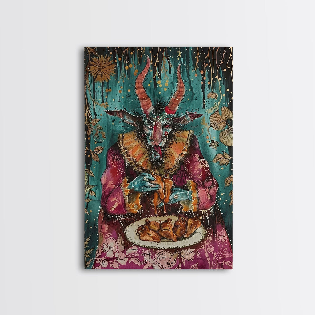 A demon eating some hot wings - hope he didn't sell his soul for them they look pretty good! Halloween Wall Art Framed Canvas | | Wiccan Center