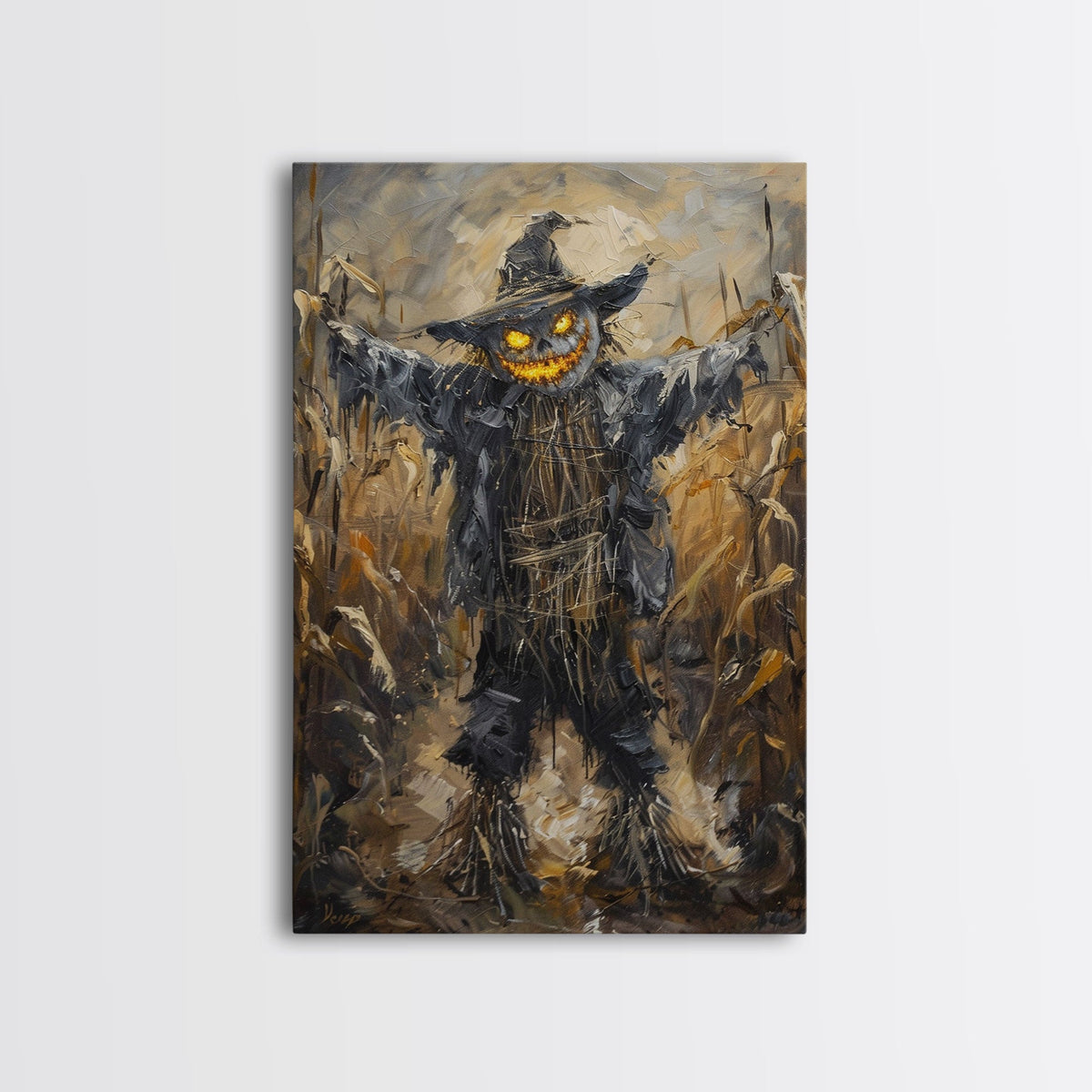 Sinister Scarecrow in Cornfield Framed Canvas Print | Halloween Horror Art | Spooky Farm Art | Creepy Scarecrow Art for Home Decoration | | Wiccan Center