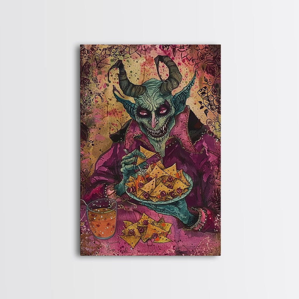 Spooky Demon Eating Chips Framed Canvas Print, Halloween Art, Unique Wall Art, Creepy Home Decor, Scary Art, Spooky Living Room Decor | | Wiccan Center