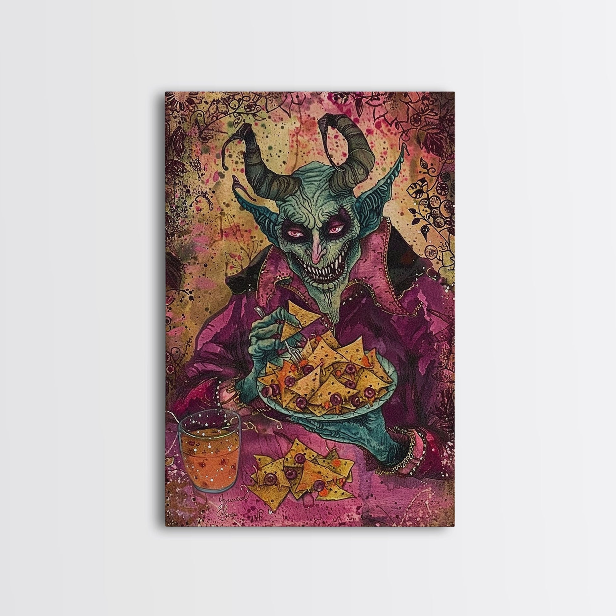 Spooky Demon Eating Chips Framed Canvas Print, Halloween Art, Unique Wall Art, Creepy Home Decor, Scary Art, Spooky Living Room Decor